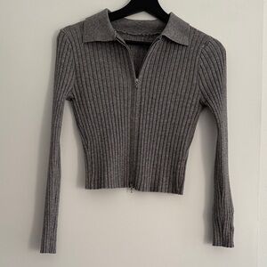 Gray Ribbed Zip-Up Sweater